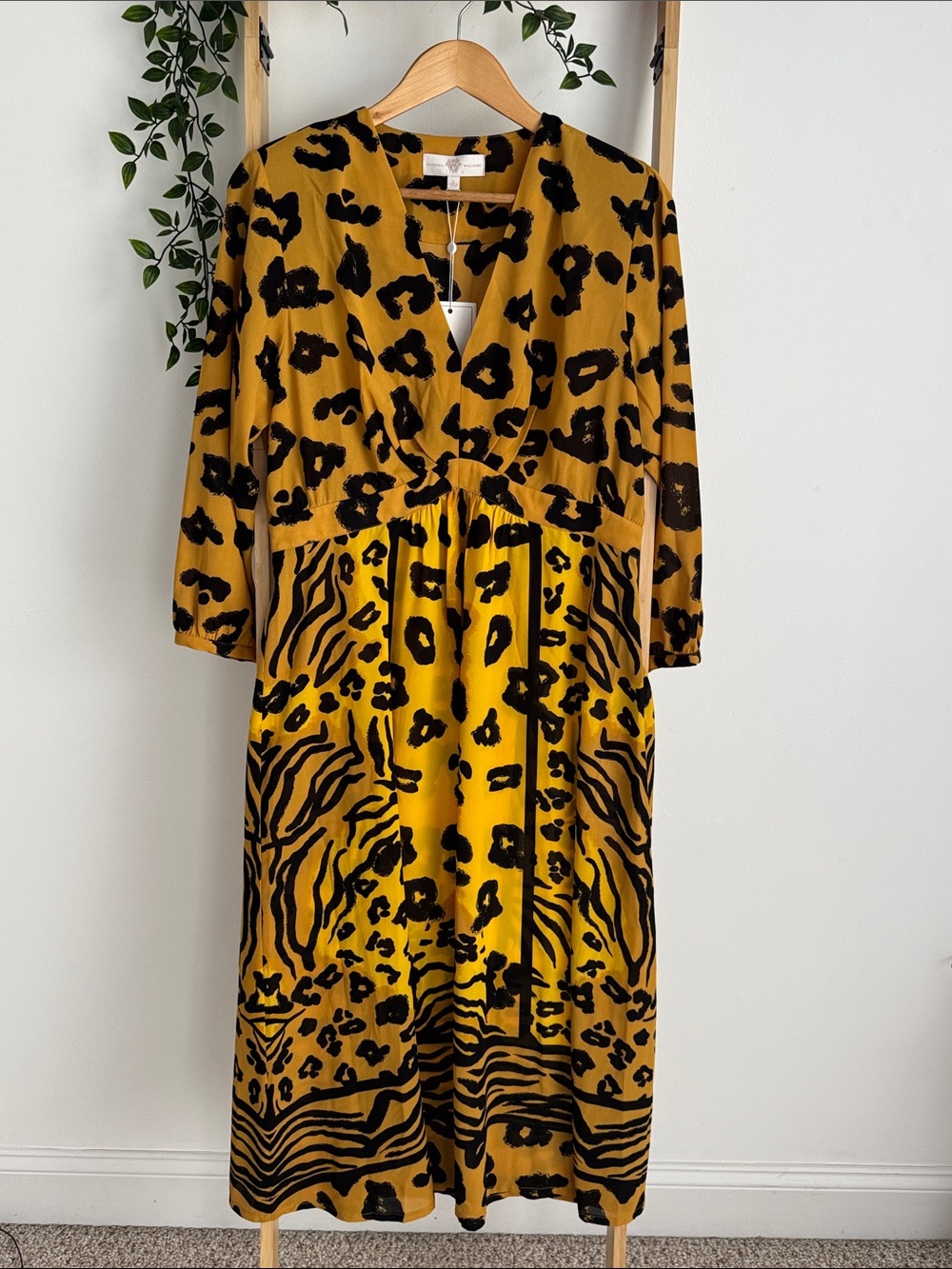 Vanessa Williams Yellow High Waist Midi Animal Print Garden Party Dress Size L